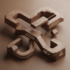 A sophisticated arrangement of three-dimensional geometric forms, showcasing interconnected pathways and illuminated circuit designs.