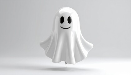 Minimalist White Ghost Figure with Smiling Face on White Background