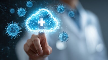 doctor touching digital health cloud viruses