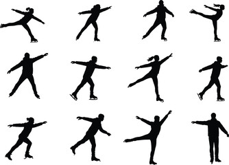Figure skating silhouettes, spin and glide poses, athletic movement, ice dance, graceful balance, winter sport, choreography, performance illustration