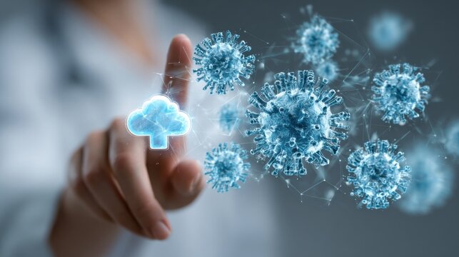 finger touching digital virus cloud