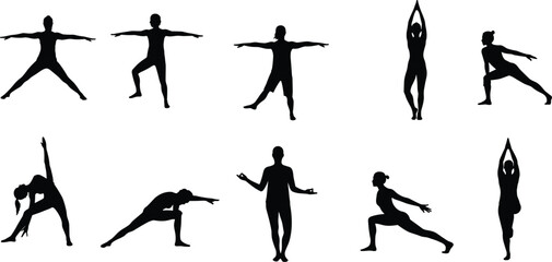 Yoga pose silhouettes, balance and flexibility, strength training, meditative stances, wellness practice, fitness routine, calm energy, body movement illustration