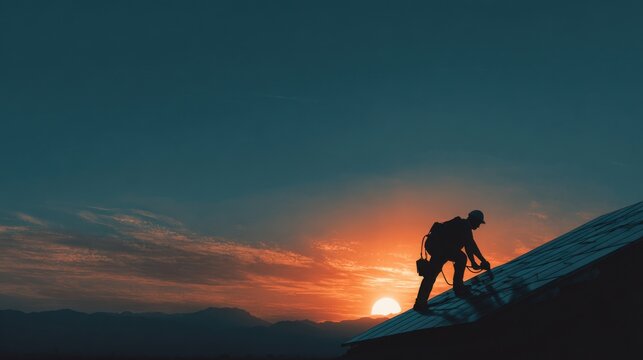 worker installing solar panels sunset
