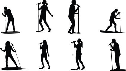 Singer silhouettes, microphone performance, vocal expression, stage pose, music passion, live concert, artistic gesture, sound energy, entertainment illustration