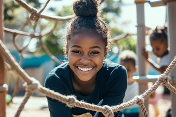 Kindergarten teacher is smiling and playing with children on a playground, promoting early childhood education and care