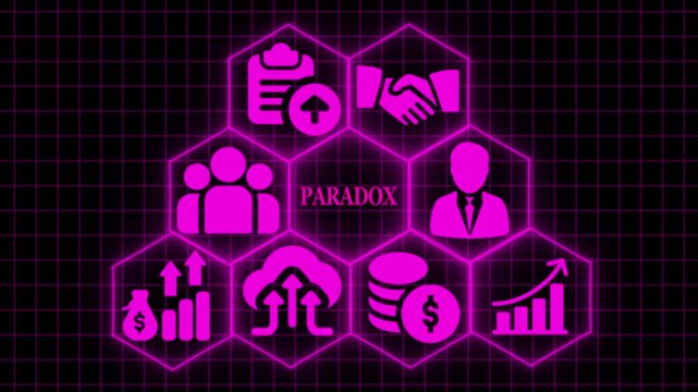 Pink neon business icons .PARADOX management teamwork ,business  growth glowing digital interface partnership handshake money investment corporate strategy futuristic technology  background.