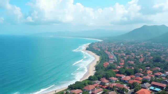Coastal cityscape in Lombok with ocean waves and red-roofed buildings