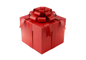 A vibrant red gift box adorned with a large satin ribbon bow and trailing ribbons isolated on transparent background