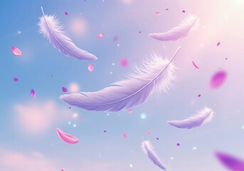 Gentle Descent: Ethereal White Feathers and Petals in a Dreamy Pastel Sky.