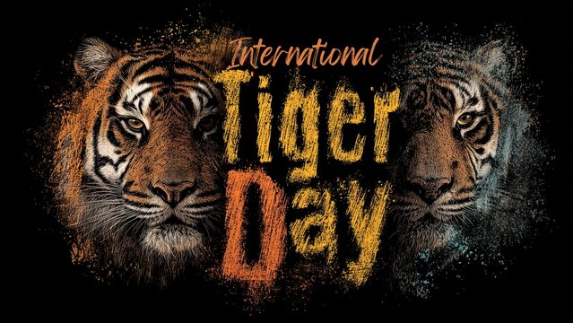  A unique typographic illustration of a male and female tiger, created with jungle text lines and abstract strong colors to raise awareness for tiger conservation.