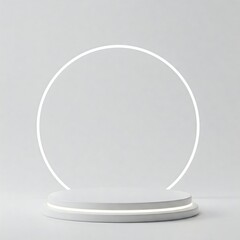 Minimalist white pedestal with a glowing white circular neon light ring backdrop