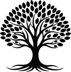 Stylized tree of life silhouette illustration, decorative vector art with roots and leaves, nature growth symbol, black design, canopy graphic