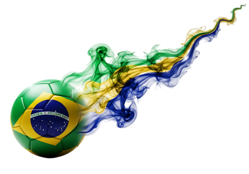 Brazilian flag soccer ball with smoke trails and flames isolated on transparent background