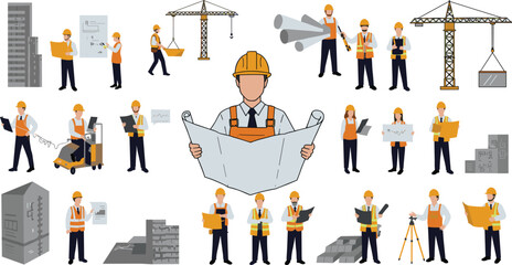 Construction workers illustration, building site teamwork, blueprint planning, safety gear, engineering tools, crane, architecture, professional labor, project management artwork © Miss