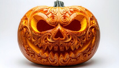 Intricately Carved Orange Halloween Pumpkin with Spooky Face on White Background