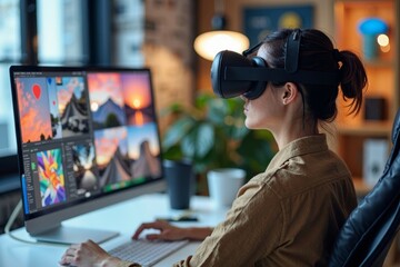 Female designer using virtual reality headset to edit photos on computer in office.