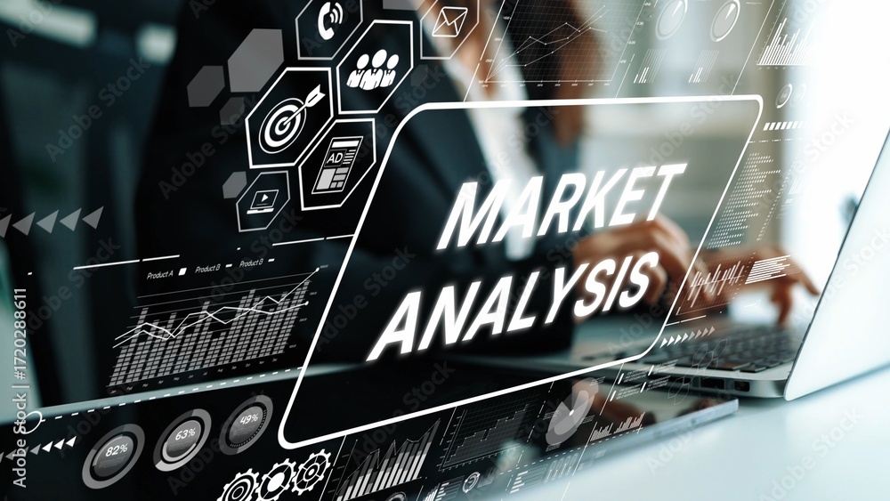 Aufkleber professional market analysis concept with business data visualizations, charts and technology in foc