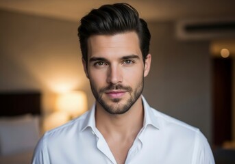Obraz premium Warmly Lit Portrait of a Handsome Man with an Engaging Direct Stare.