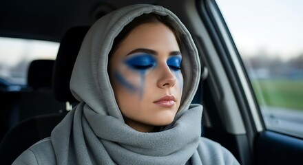 A woman with distinctive blue face paint rests inside a car, her eyes closed in peaceful repose.