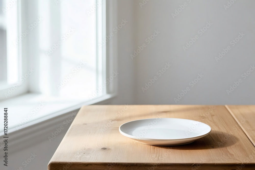 Poster minimalist composition featuring an empty white plate on a natural wood table, illuminated by sunlig