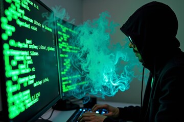 Hacker's Attempt: Glitched Computer Screen with Digital Smoke and Green Lines