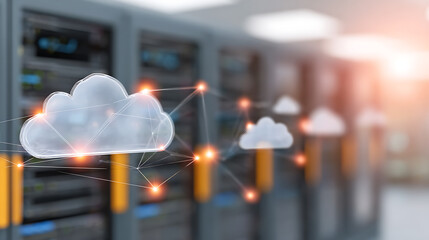 Cloud computing network illustrated with interconnected cloud icons over server racks in a data center