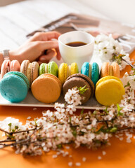 Many classic macaroons on white dishes, on an orange background in natural light