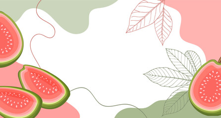 Guava fruits background. A composition of guava fruits with organic shapes and leaves on an abstract background. Card, banner, poster.