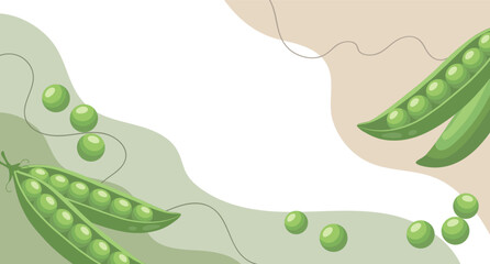 Fresh green peas background. A composition of green peas with organic shapes and leaves on an abstract background. Card, banner, poster.