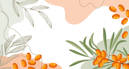 Sea buckthorn berries background. Composition of sea buckthorn berries with organic shapes and leaves on an abstract background. Card, banner, poster.