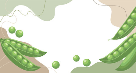 Fresh green peas background. A composition of green peas with organic shapes and leaves on an abstract background. Card, banner, poster.