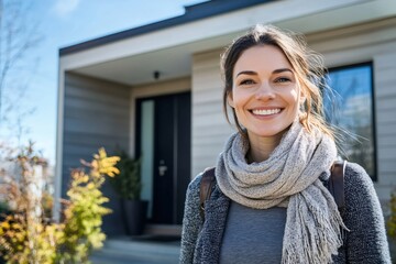 Portrait of a smiling real estate agent standing outside a contemporary single family home, ready to welcome potential buyers for a showing