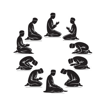 Diverse group of men in prayer circle performing islamic salat or namaz in a rhythmic sequence of movements