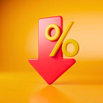 A red arrow pointing down with a yellow percentage sign on orange ground on transparent background