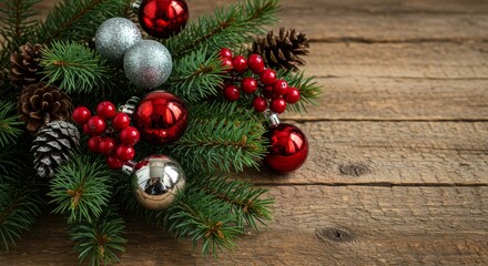 Pine Branches with Red and Silver Christmas Ornaments on Rustic Wooden Background