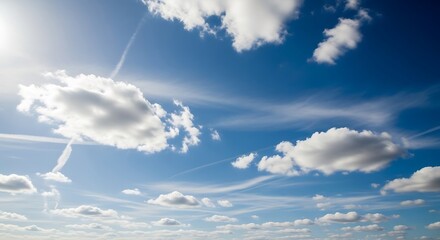 A vibrant sky filled with fluffy white clouds and streaks of jet contrails against a brilliant cerulean blue backdrop.