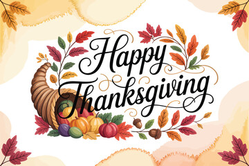 Obraz premium Happy Thanksgiving cornucopia with autumn leaves and pumpkins