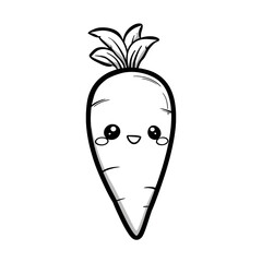 carrot cute food kawaii coloring book, black & white designs, line art vector illustration, coloring page, coloring book