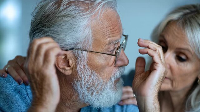 A heartfelt moment of connection between an elder man and a comforting woman, conveying emotions of care and understanding in a warm, intimate setting.