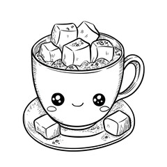 cocoa cute food kawaii coloring book, black & white designs, line art vector illustration, coloring page, coloring book