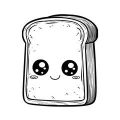 bread cute food kawaii coloring book, black & white designs, line art vector illustration, coloring page, coloring book