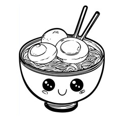 soup cute food kawaii coloring book, black & white designs, line art vector illustration, coloring page, coloring book