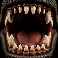 Close-up view of a ferocious, detailed mouth, showcasing sharp teeth and a textured tongue, creating a powerful and intimidating image.