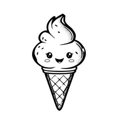 ice cream cute food kawaii coloring book, black & white designs, line art vector illustration, coloring page, coloring book