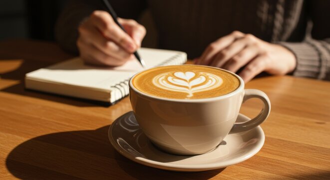 Coffee Break with Latte Art and Journaling , A Warm Wooden Table Scene of Inspiration and Reflection