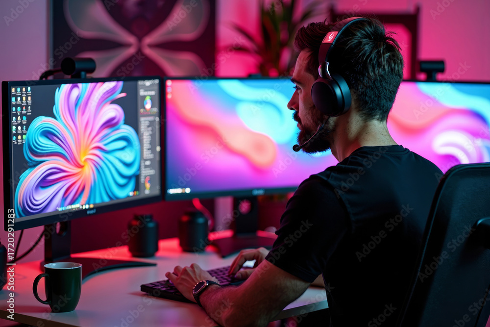 Aufkleber graphic designer creating colorful and abstract digital art on multiple computer screens