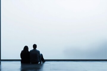 Fototapeta premium Young couple sitting on floor contemplating rainy weather through large window in modern architecture