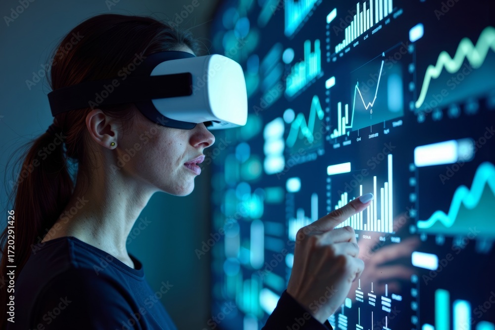 Poster female financial data analyst utilizing virtual reality glasses to analyze real-time kpi data throug