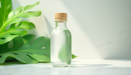 Natural clear liquid in a glass bottle with a wooden cap, against a bright background with plants