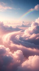A breathtaking aerial view of soft, pastel-colored clouds swirling in the sky, illuminated by a vibrant rainbow at sunset.